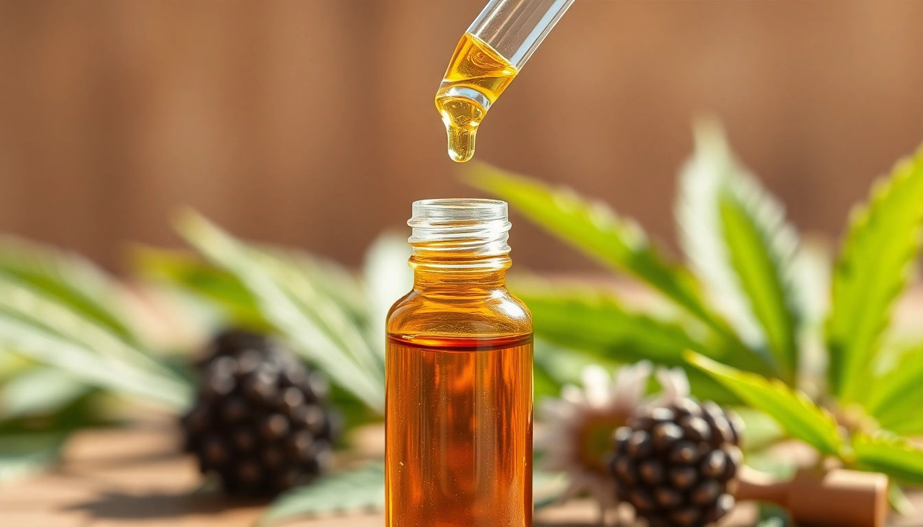 Highlighting CBD oil in a dropper bottle with hemp leaves, emphasizing natural wellness.