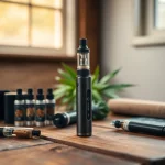 Engaging cannabis vape setup with a sleek vape pen and cartridges illustrating premium quality.