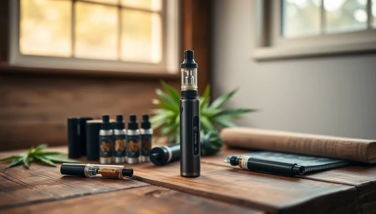 Engaging cannabis vape setup with a sleek vape pen and cartridges illustrating premium quality.