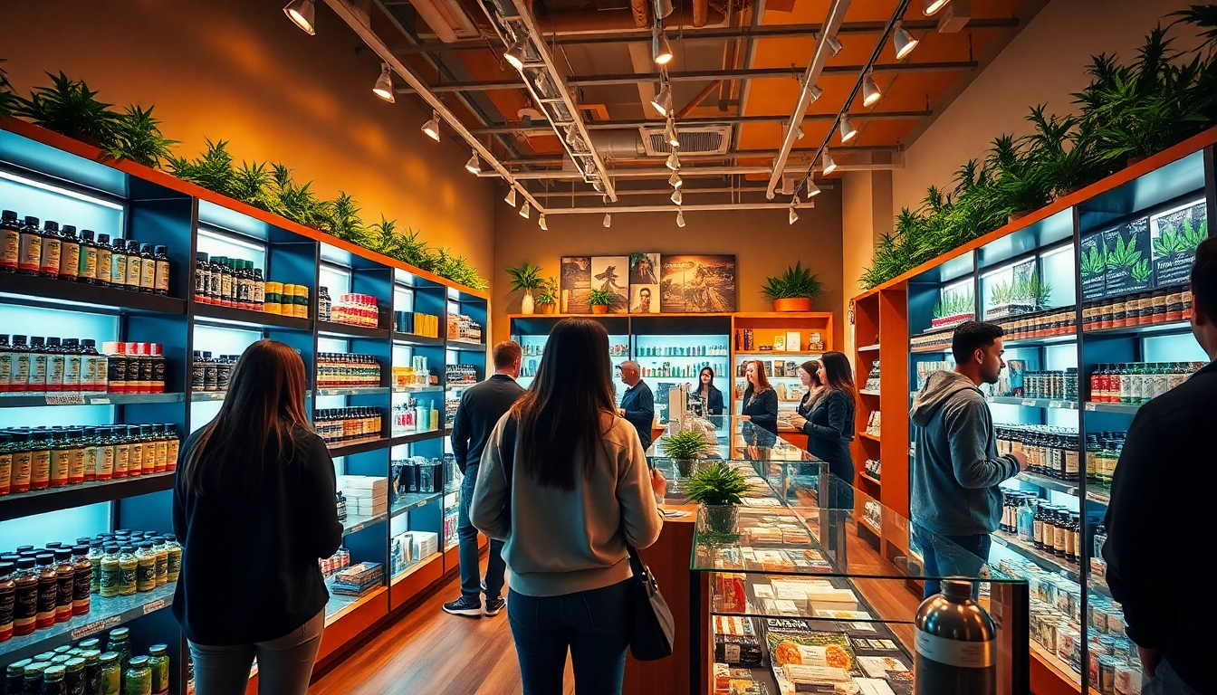 Shop at a vibrant weed store showcasing premium cannabis products and friendly staff.