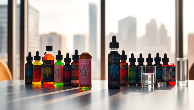 Showcase of Vape & E-Liquids with colorful bottles and a modern vape setup in natural light.