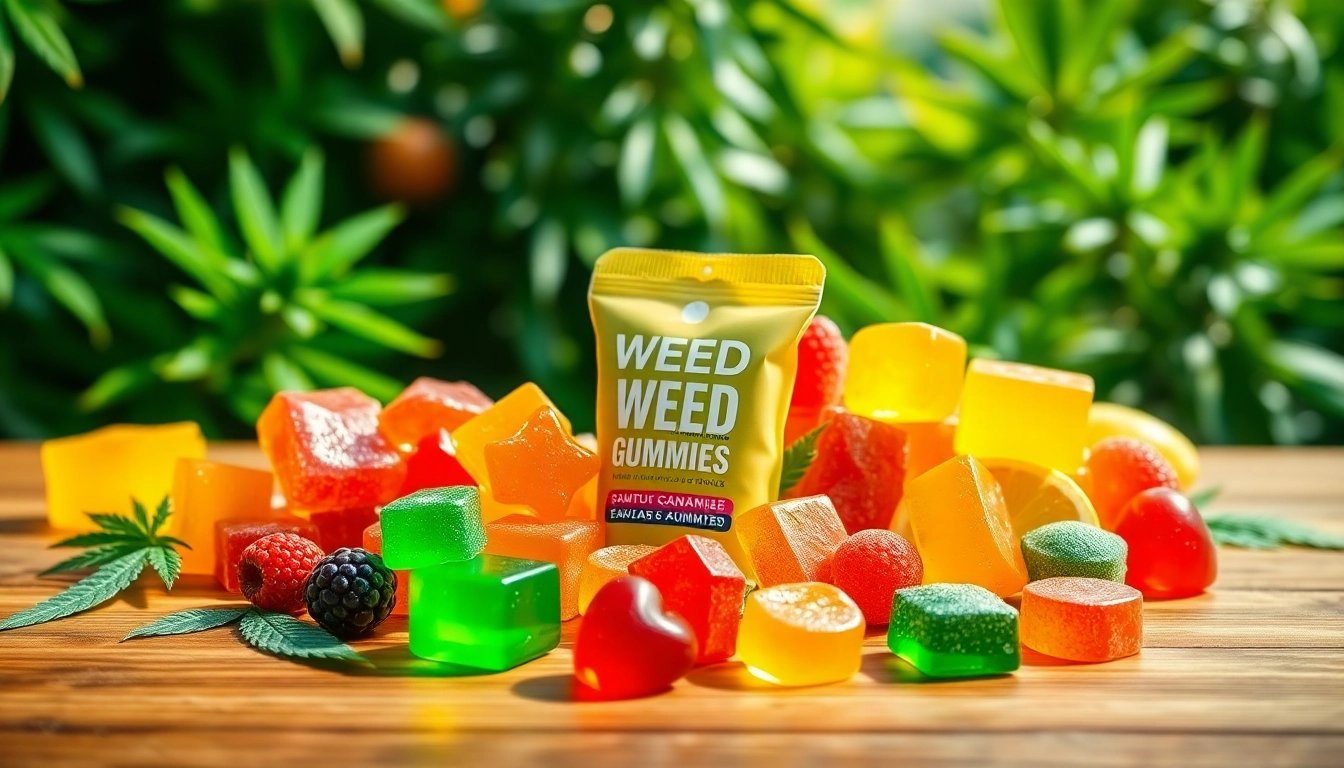 Showcasing colorful Weed Gummies on a wooden table against a lush green backdrop.