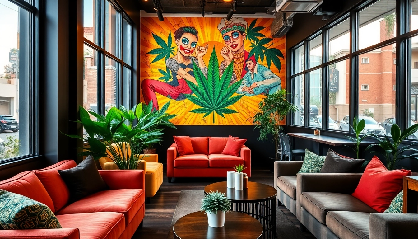 Vibrant lounge at a weed club madrid inviting guests to relax and socialize.