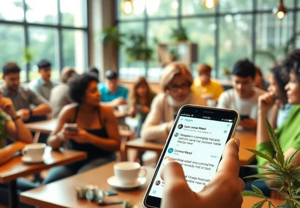 Engaged group discussing weed telegram near me in a cozy cafe setting with lively atmosphere.