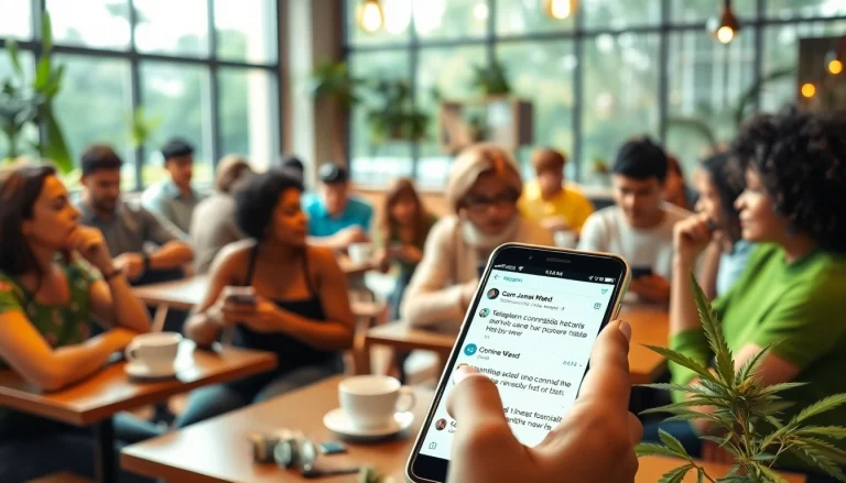 Engaged group discussing weed telegram near me in a cozy cafe setting with lively atmosphere.