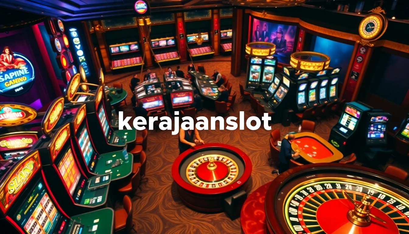 Engage in thrilling games at kerajaanslot casino, featuring vibrant slot machines and poker tables.