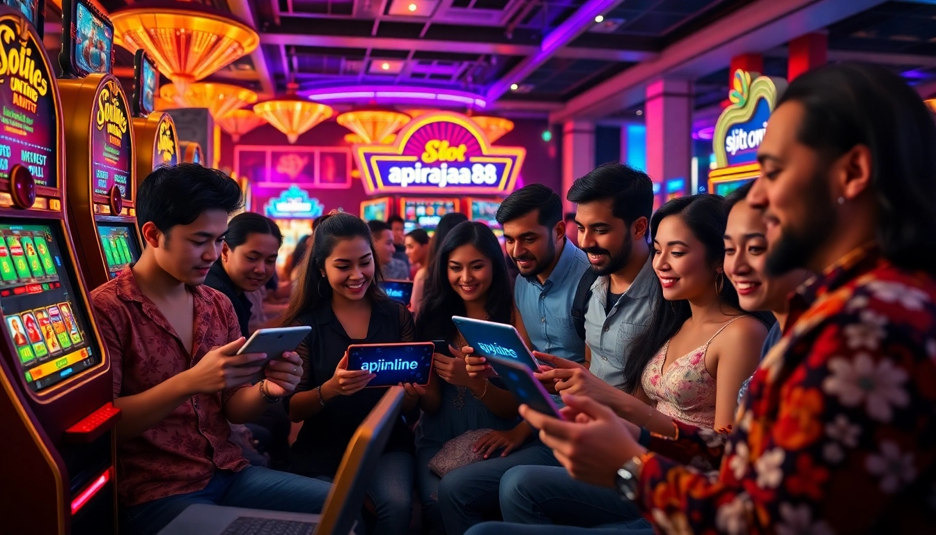 Experience the thrill of playing slot online apiraja88 at a vibrant casino atmosphere with excited players.