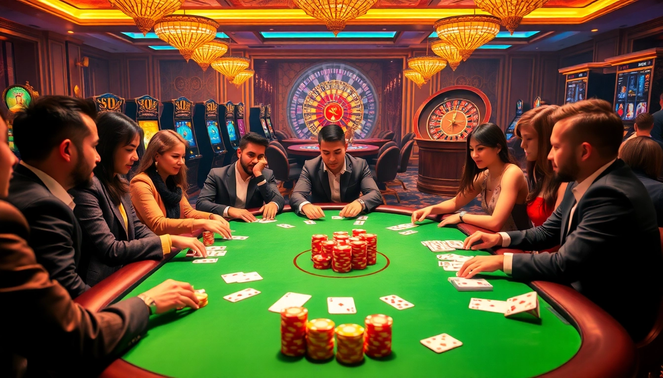 The thrilling ambiance of a casino at https://mu88.camp/ featuring poker players, colorful chips, and a roulette wheel.