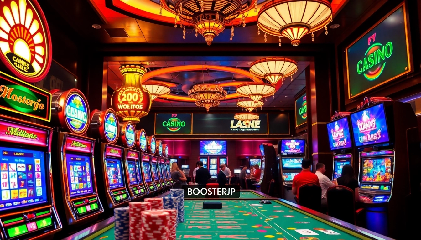 Players enjoying the excitement of boosterjp slot games in a luxurious online casino setting.