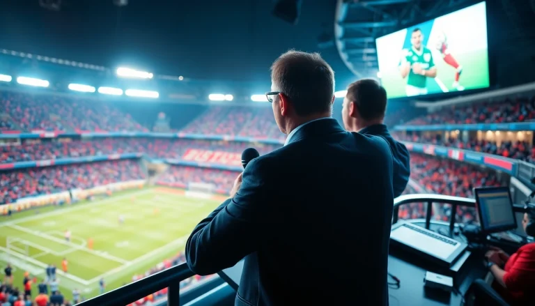 Engaging sports broadcasting scene showcasing a commentator in action during a live event.