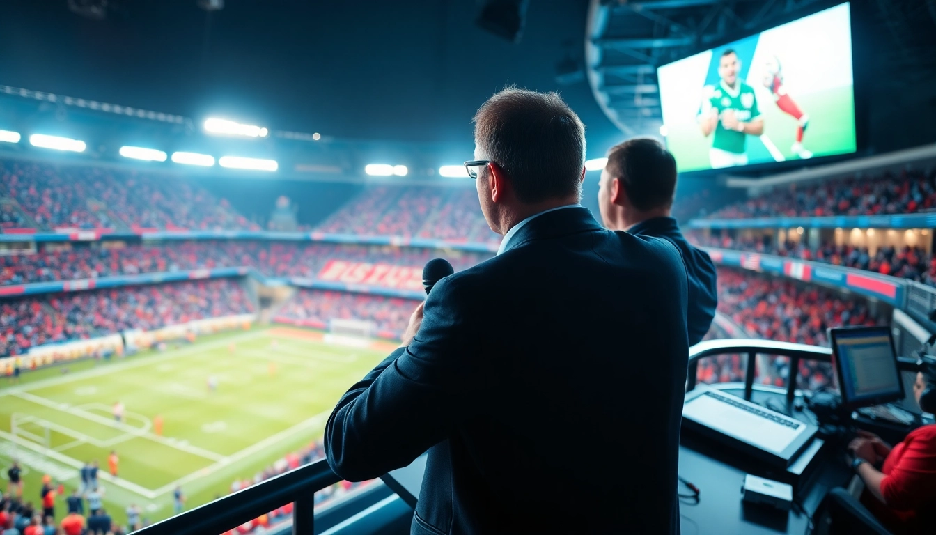 Engaging sports broadcasting scene showcasing a commentator in action during a live event.
