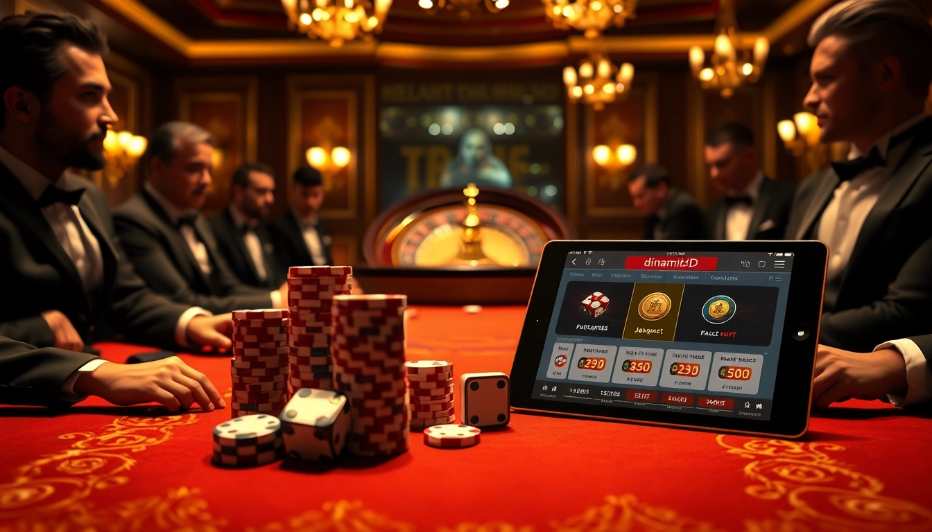 Gamblers engaging at a luxurious poker table with dinamit4d and vibrant casino elements.