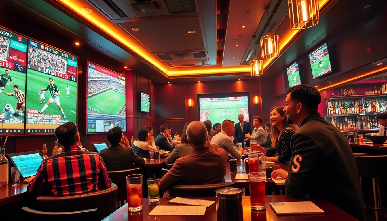 Techniques for sports betting (เทคนิคแทงบอล) showcased in a vibrant sports bar setting with patrons engaging in lively discussions.