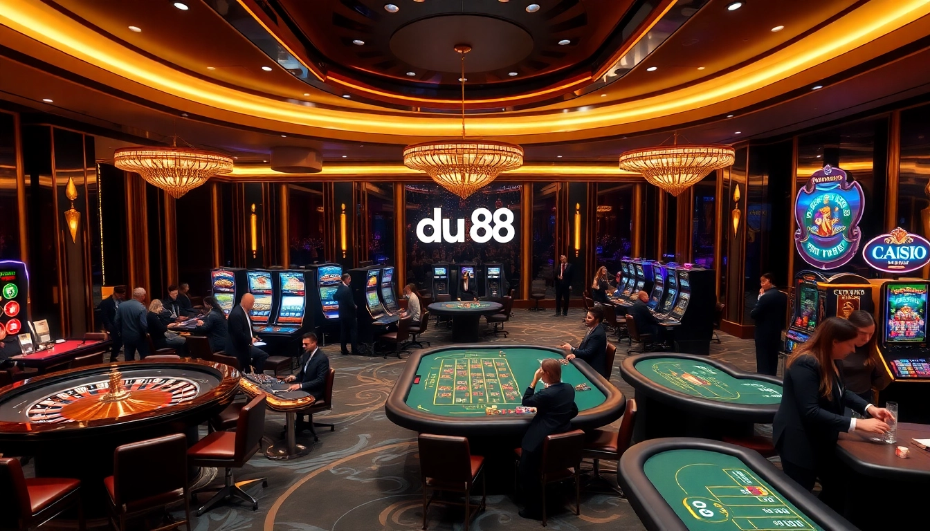 Engage in thrilling gameplay at du88's luxurious casino environment filled with vibrant slot machines and poker tables.