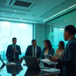 Engaging financial office scene highlighting 33WIN's innovative business environment with professionals discussing strategies.