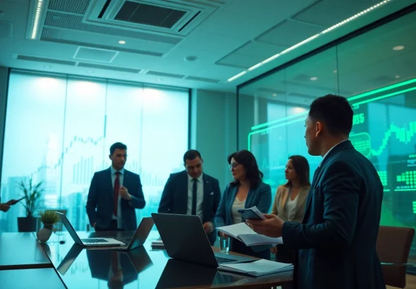 Engaging financial office scene highlighting 33WIN's innovative business environment with professionals discussing strategies.