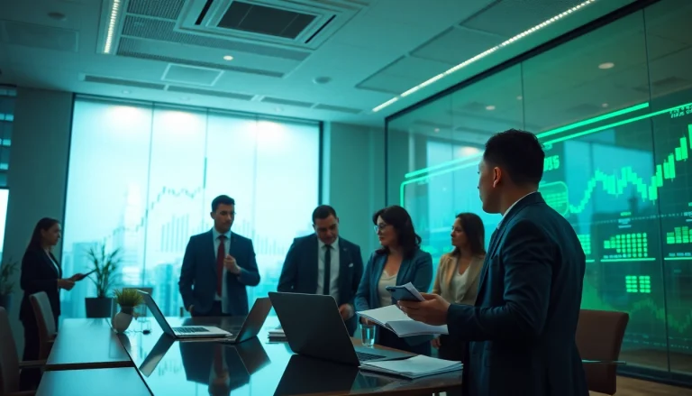 Engaging financial office scene highlighting 33WIN's innovative business environment with professionals discussing strategies.