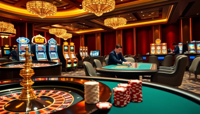Engaging players at 68VIP's glamorous casino with roulette and poker tables.