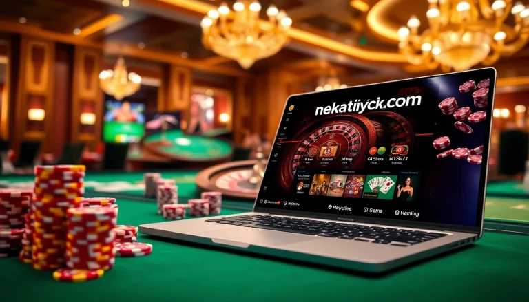 A vibrant casino scene with stacks of poker chips and roulette wheels, showcasing nekatwinofficial.com as an online gambling platform.