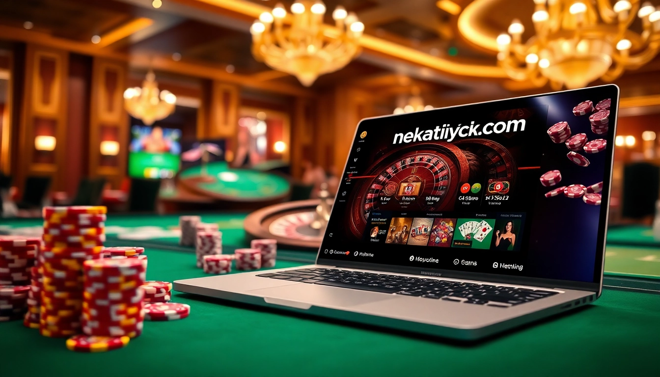 A vibrant casino scene with stacks of poker chips and roulette wheels, showcasing nekatwinofficial.com as an online gambling platform.