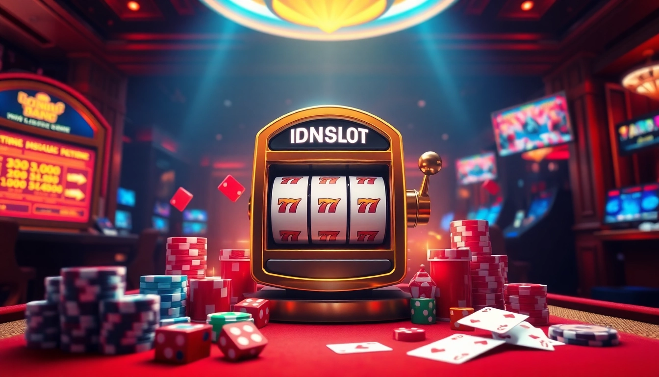 IDNSLOT's vibrant slot machine in a luxurious casino setting, surrounded by chips and cards, embodying excitement and professionalism.