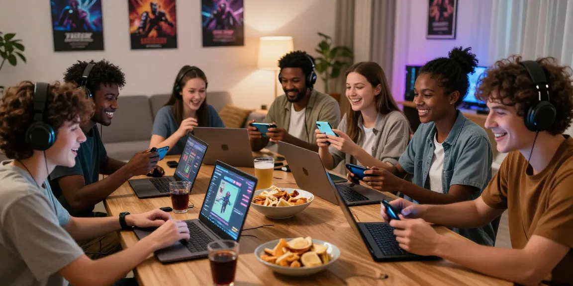 Friends enjoying cika4d multiplayer gaming session in a cozy living room with modern devices.