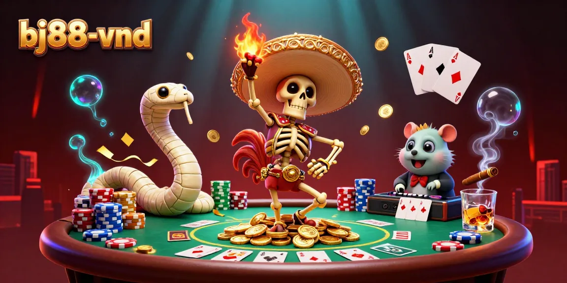 Experience the excitement of bj88-vnd with dynamic skeleton dancers and vibrant casino elements.