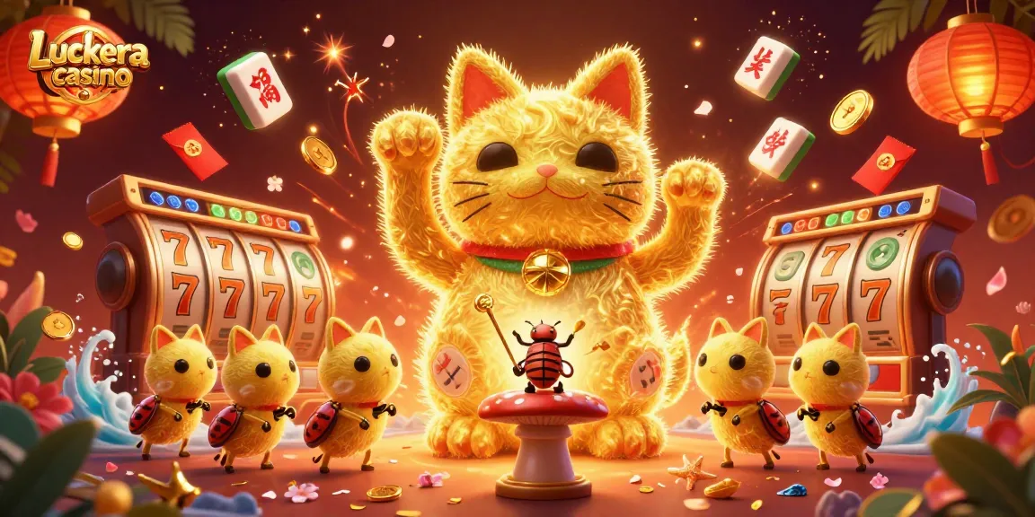 Experience the excitement of Luckera casino with a vibrant illustration showcasing dynamic casino symbols and a lucky cat.