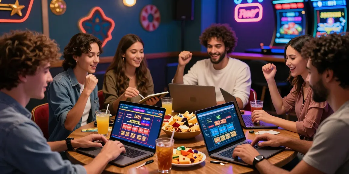 Group of friends enjoying online casinos Australia gaming session at home with laptops and festive atmosphere.