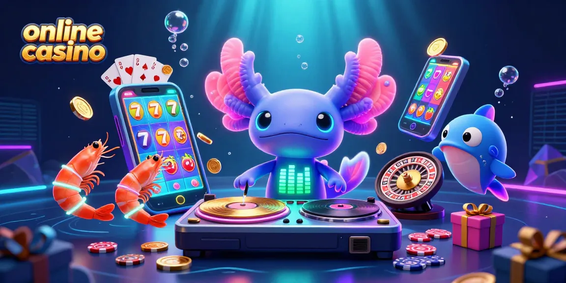 Engage with online casino thrills as a vibrant axolotl DJ spins games and excitement underwater.