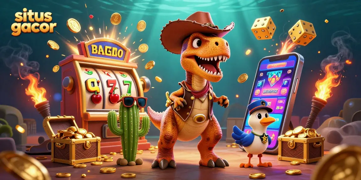 Experience big wins at situs gacor with a lively scene featuring a T-Rex cowboy and dynamic casino elements.